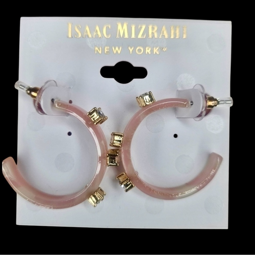 ISAAC MIZRAHI Rhinestone And Pink Acrylic Hoop Earrings NWT